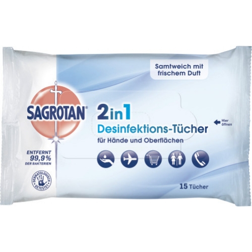 Sagrotan 2in1 Desinfektions Tücher Hände und Oberflächen 15 Stück