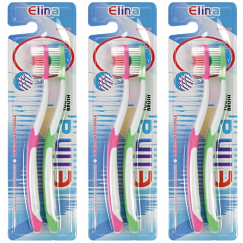 3 x Zahnbürste ELINA 2er mit Anti-Rutschgriff medium