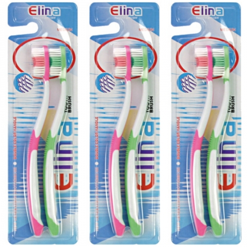 3 x Zahnbrste ELINA 2er mit Anti-Rutschgriff medium