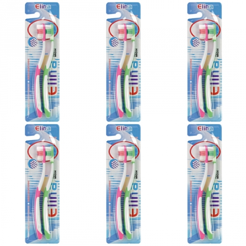 6 x Zahnbürste ELINA 2er mit Anti-Rutschgriff medium