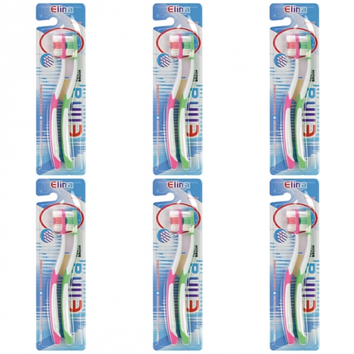 6 x Zahnbrste ELINA 2er mit Anti-Rutschgriff medium