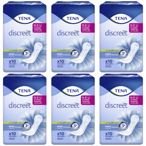 6 x Tena Slipeinlagen Discreet Extra mit InstaDRY Zone 10 Stck