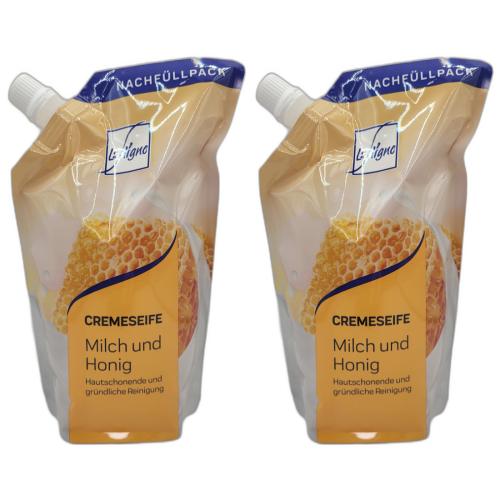 2 x LaLigne Cremeseife Milch + Honig 500ml Nachfllbeutel