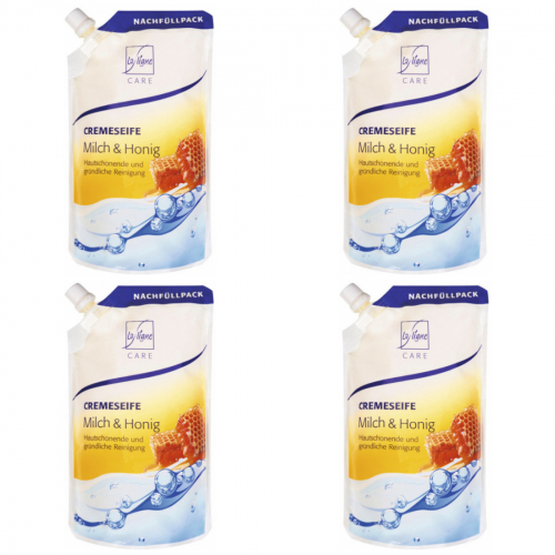 4 x LaLigne Cremeseife Milch + Honig 500ml Nachfllbeutel