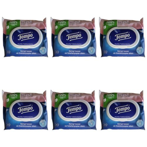 6 x Tempo Toilettenpapier Feucht Sanft & Pur 42 Tcher Nachfller