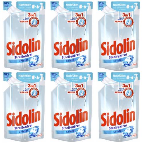 6 x Sidolin Cristal Glasreiniger Streifenfrei Nachfller Beutel 250ml