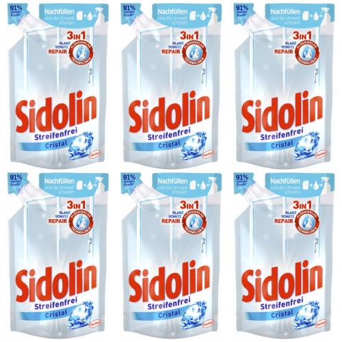 6 x Sidolin Cristal Glasreiniger Streifenfrei Nachfller Beutel 250ml