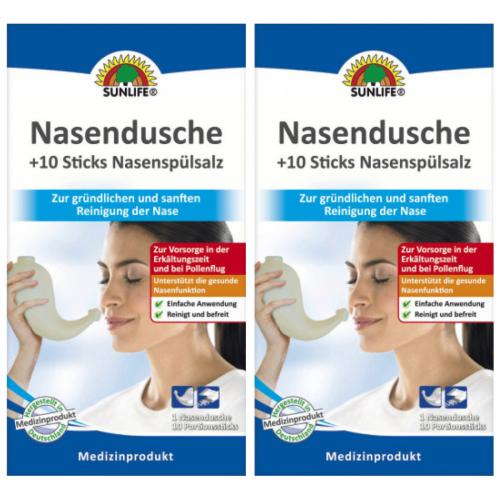 2 x Sunlife Nasendusche + 10 Salzsticks Medizinprodukt Pollenflug Erkältung 22,5g