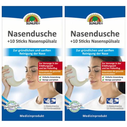 2 x Sunlife Nasendusche + 10 Salzsticks Medizinprodukt Pollenflug Erkltung 22,5g
