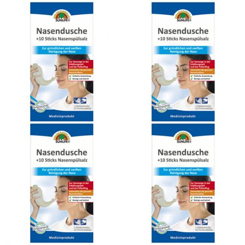 4 x Sunlife Nasendusche + 10 Salzsticks Medizinprodukt Pollenflug Erkltung 22,5g