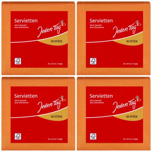 4 x JedenTag Servietten Orange Papierservietten 3-lagig 30 Stck