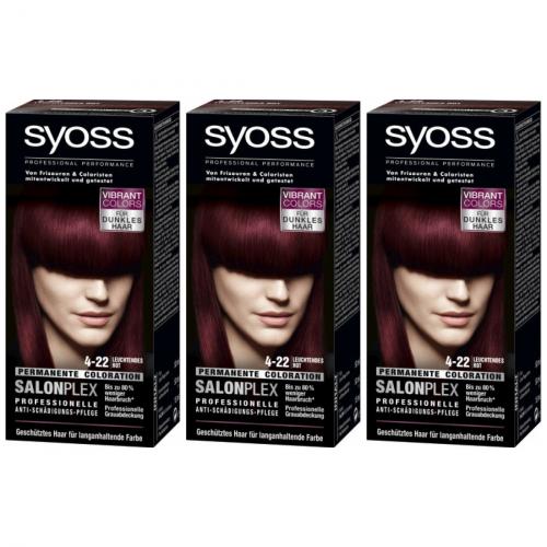 3 x Syoss Haarfarbe Permanente Coloration Leuchtendes Rot-Violett Nr. 4-22 115ml