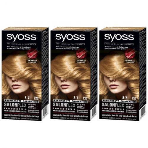 3 x Syoss Haarfarbe Permanente Coloration 8-7 Farbe: Honigblond 115ml