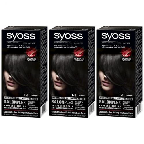 3 x Syoss Haarfarbe Permanente Coloration Schwarz 1-1 115ml