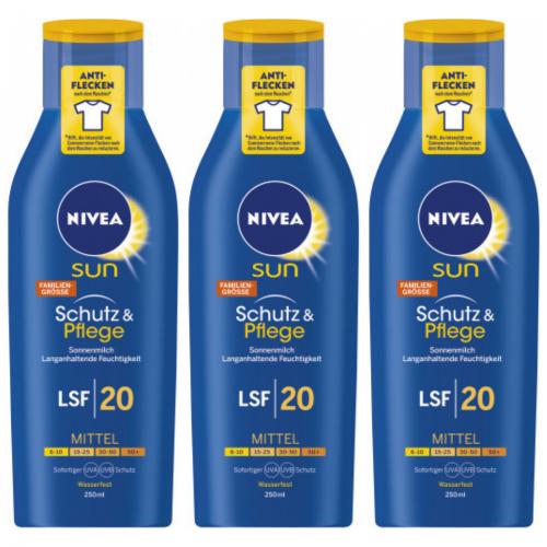 3 x Nivea Sonnenmilch LSF20 Flasche Schutz und Pflege 250ml