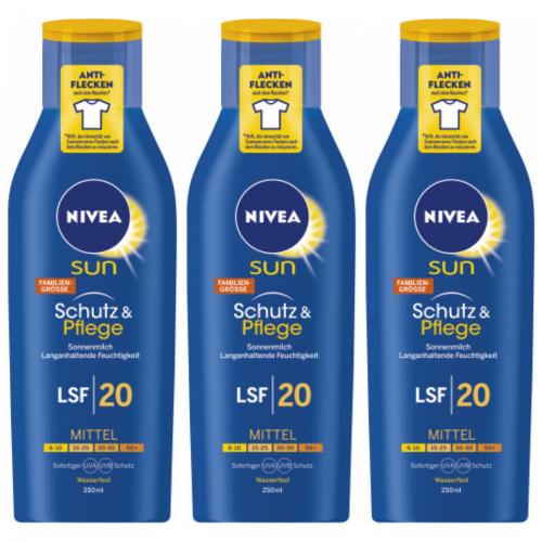 3 x Nivea Sonnenmilch LSF20 Flasche Schutz und Pflege 250ml