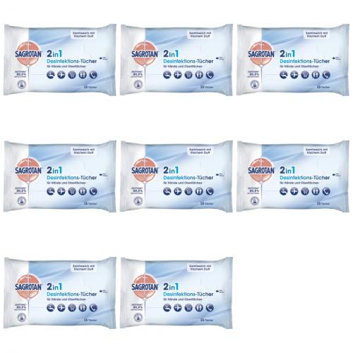 8 x Sagrotan 2in1 Desinfektions Tcher Hnde und Oberflchen 15 Stck