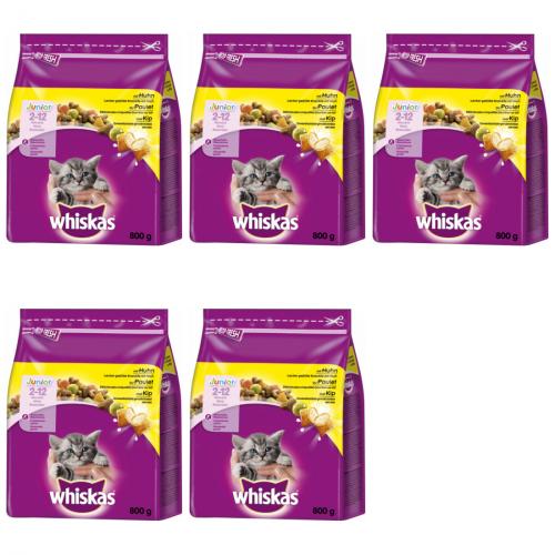 5 x Whiskas Junior 2-12 Monate mit Huhn 800g Beutel