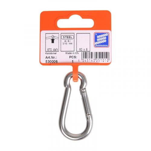Karabiner 6x60mm, A4 RVS AISI 316, 670 daN